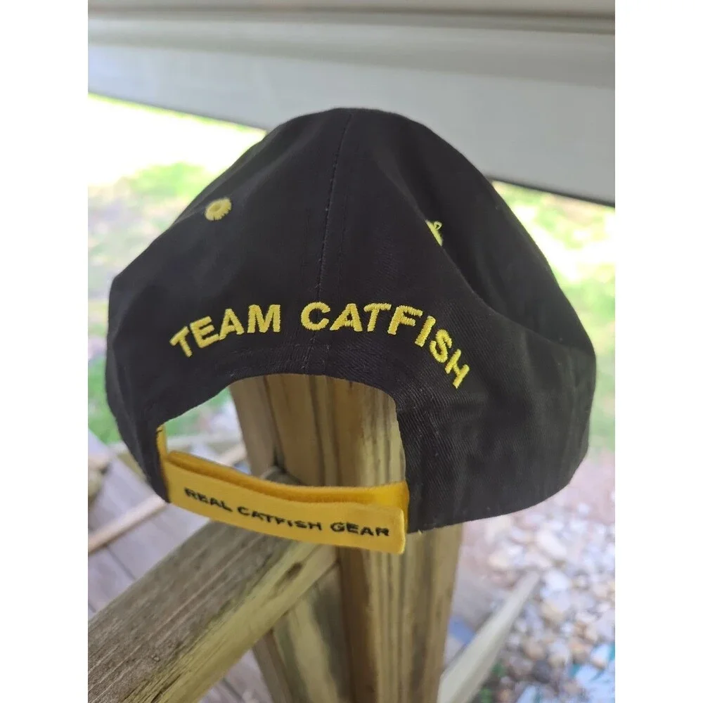 Vintage Team Catfish Fishing Hat Cap Black Yellow Adjustable Back